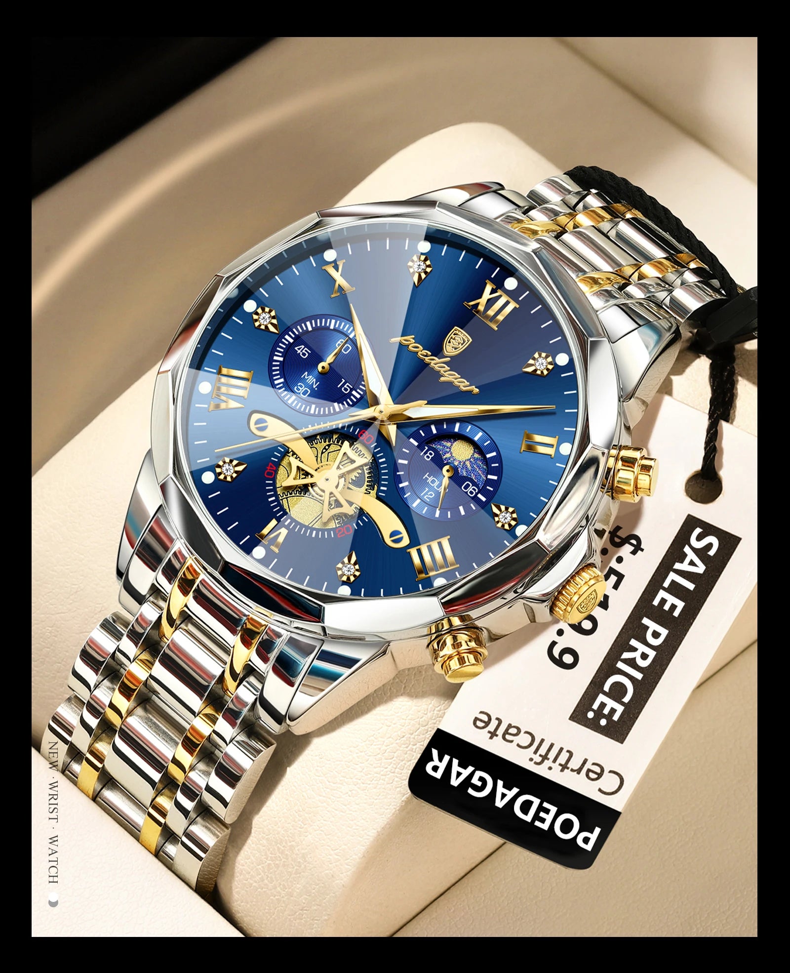 Wasserdichte Luxusuhr mit Chronograph und Edelstahlarmband Herren-Yabubestshop