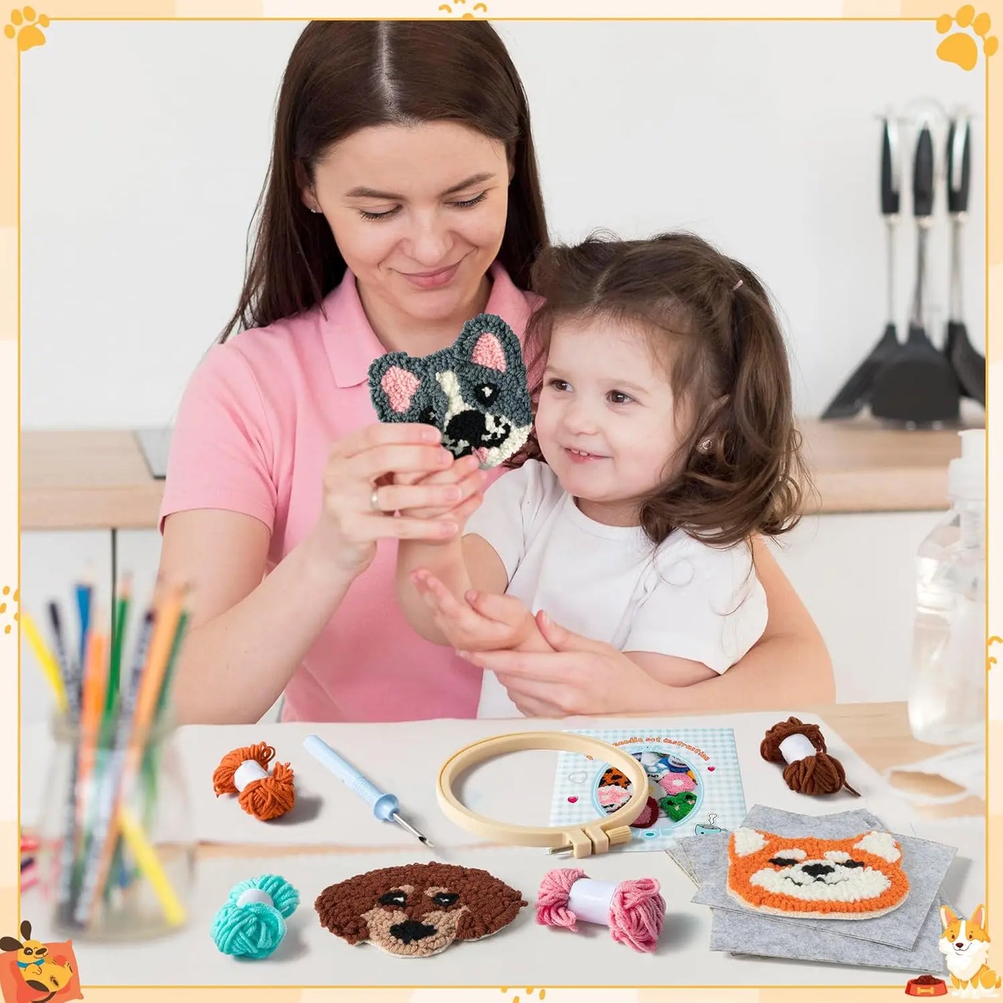 6-teiliges Katzen-Stickerei Set mit Punch-Nadel und Untersetzern