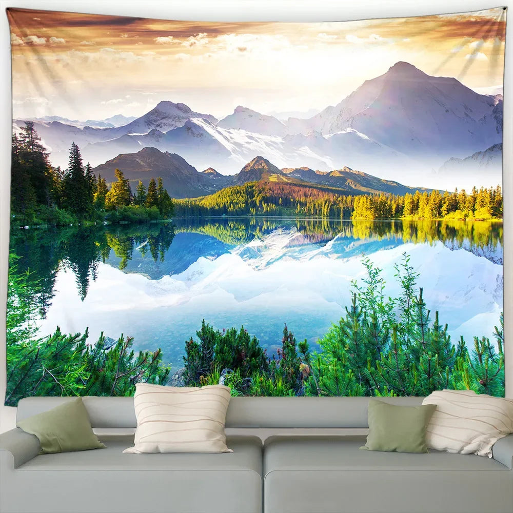 Ländliche Landschafts Tapisserie mit Wald und Wasserfall Motiv