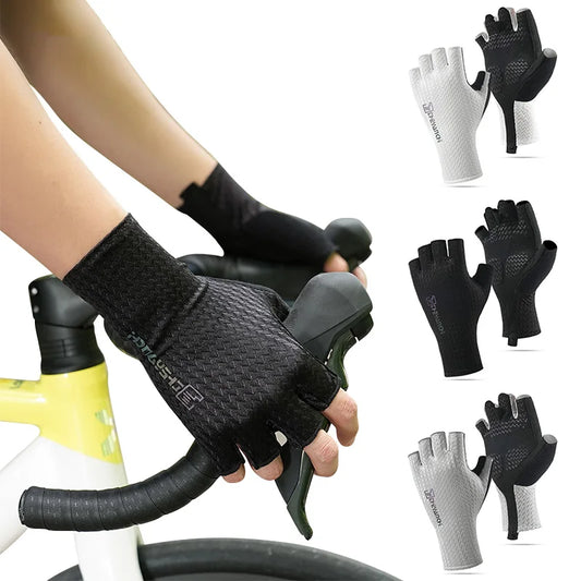 Atmungsaktive Halbfinger Fahrradhandschuhe mit Stoßdämpfung und rutschfest