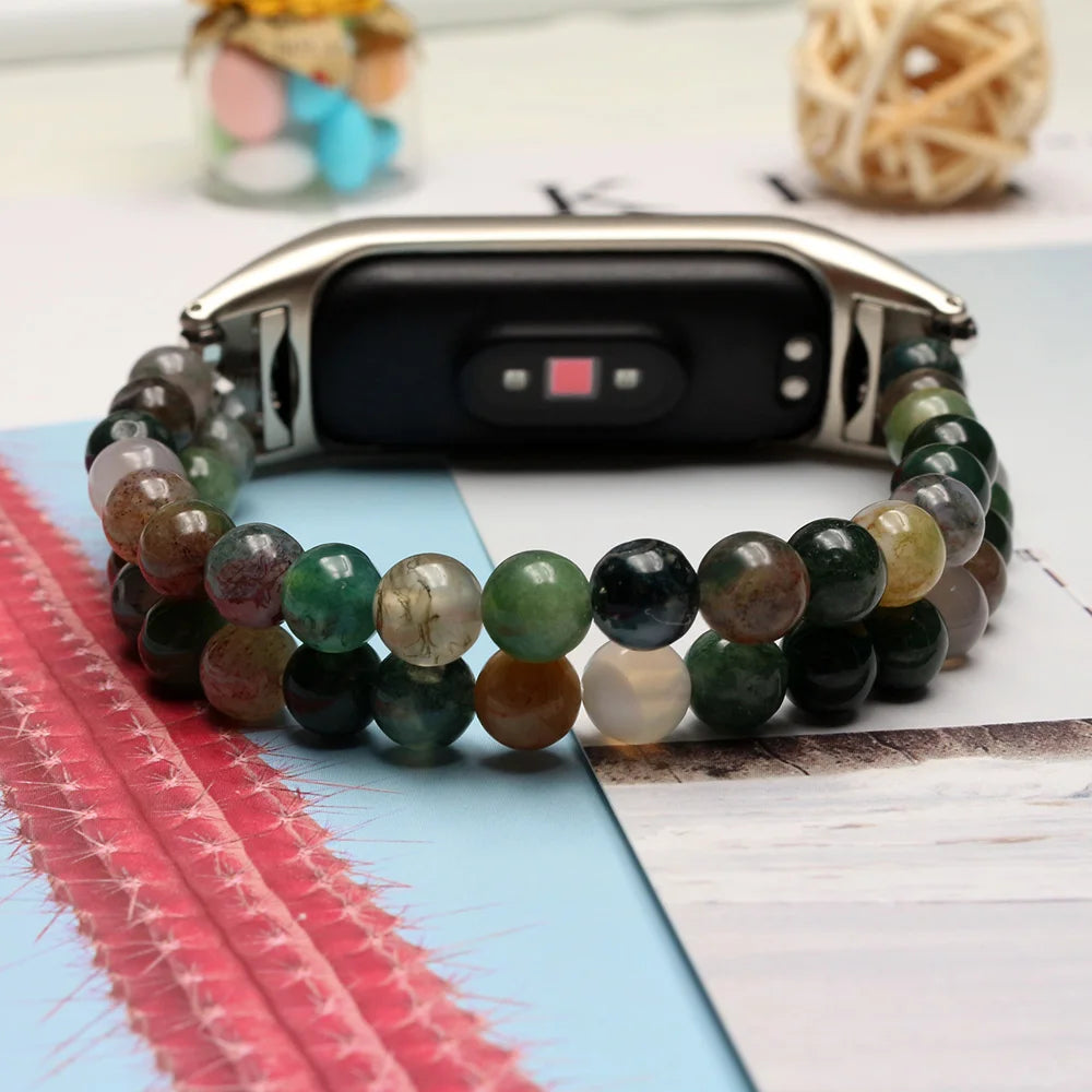 Edles Natur Achat Perlen Armband Gummiband für Fitness Tracker Smartwatch