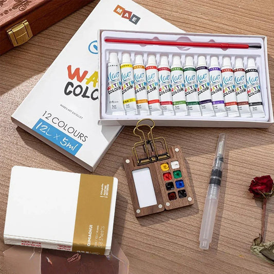 Tragbares Mini Aquarell-Palette Set mit Skizzenbuch und Binder-Clips