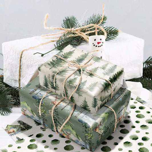 12-teiliges Weihnachts-Geschenkpapier-Set mit Baum- und Waldmuster