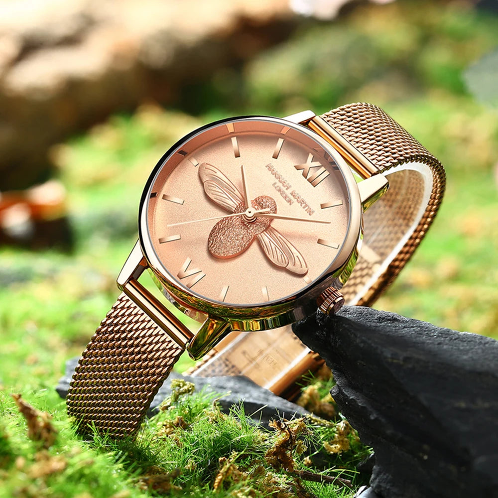 Damen Roségold Uhr Armband Set Elegante Bienen Zifferblatt Armbanduhr