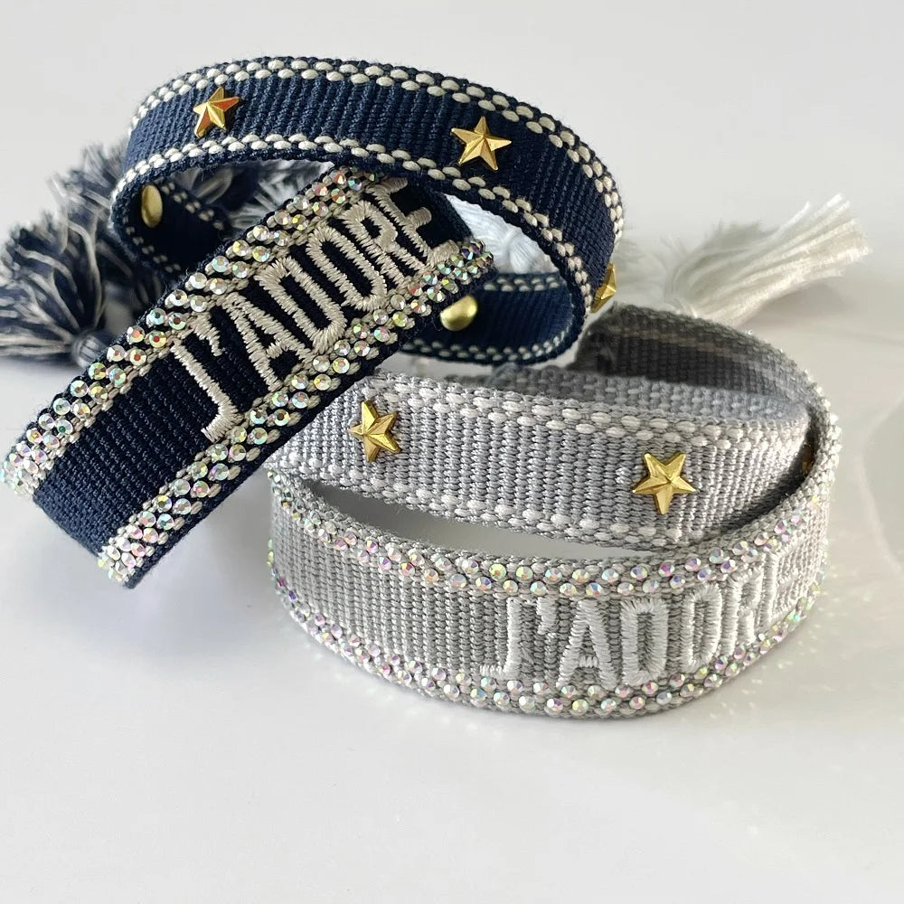 Freundschaftsarmbänder mit Schriftzug und Bling Steinen aus Baumwolle