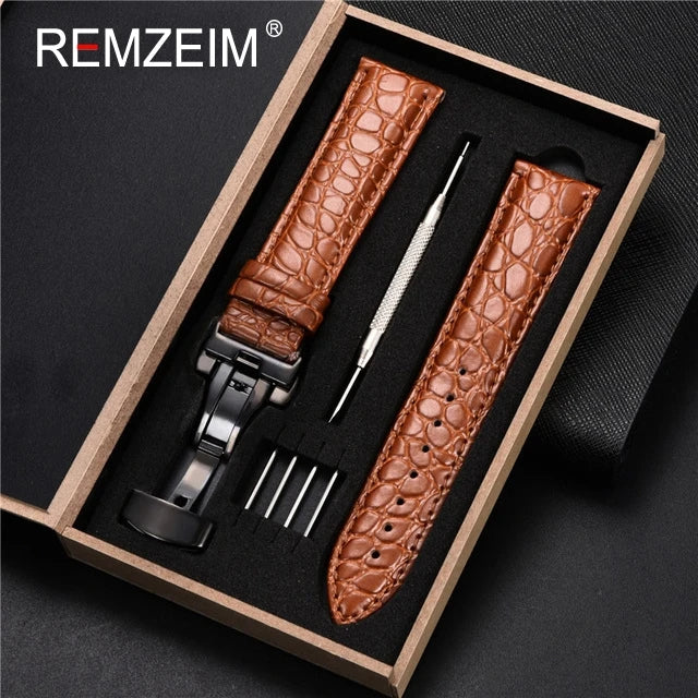 Geprägtes Leder Uhrenarmband 18-24mm mit Schmetterlingsverschluss