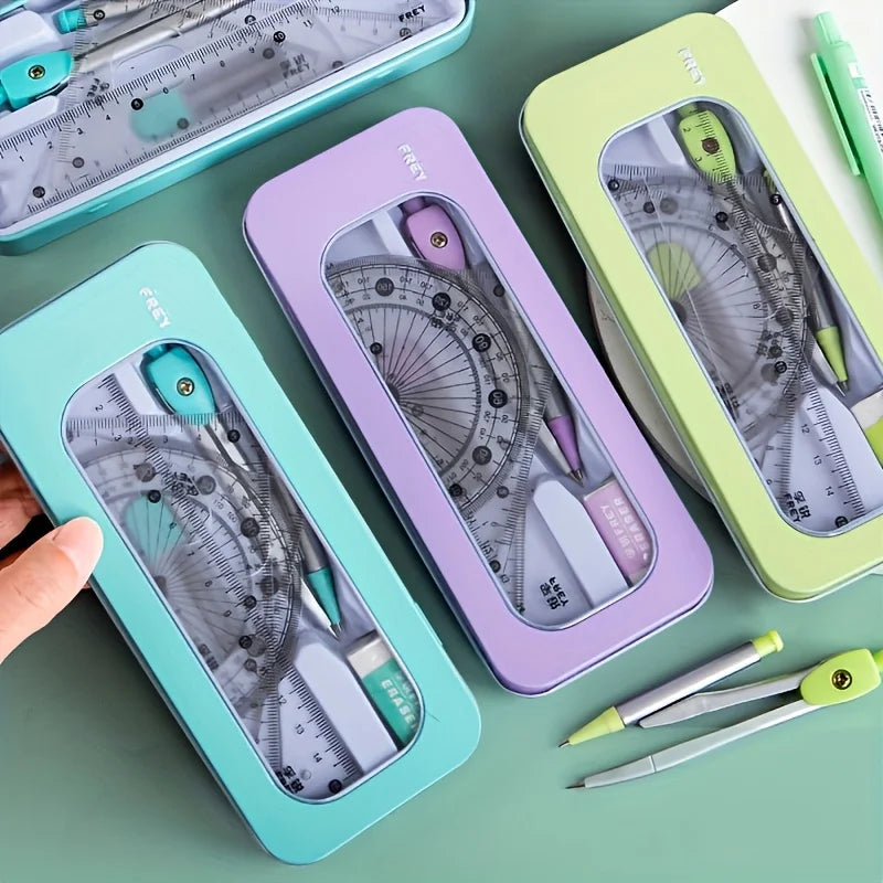 Schüler Geometrie Set 7-teilig: Kompass, Lineale, Winkelmesser für Prüfung