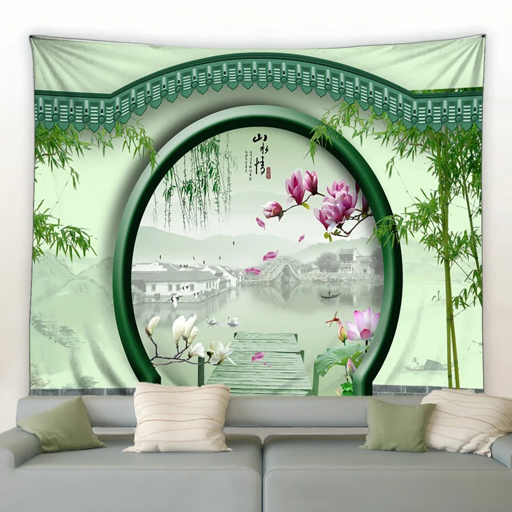 Traditionelle chinesische Wandtapisserie mit grünem Bambusmotiv