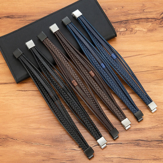 Luxus mehrschichtiges Lederarmband mit Edelstahl Magnetverschluss für Männer