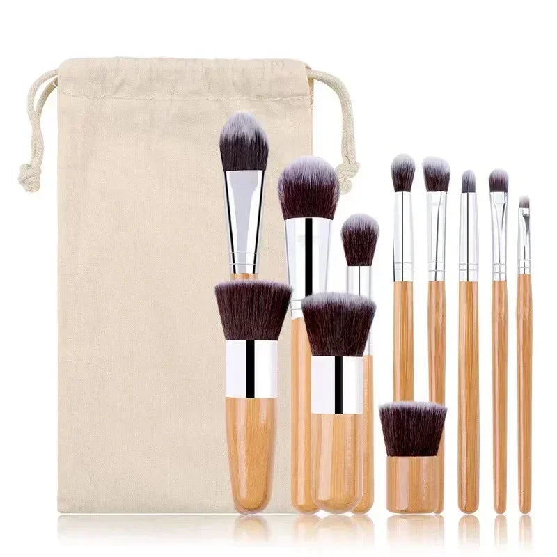 11-teiliges Make-up Pinsel Set mit Bambusgriff und Baumwolltasche-Yabubestshop