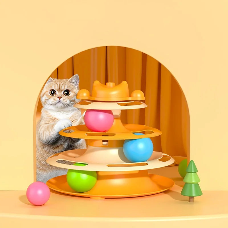 4-lagiger Katzen-Drehteller mit Spielzeugball und Spielstab Indoor Spielzeug