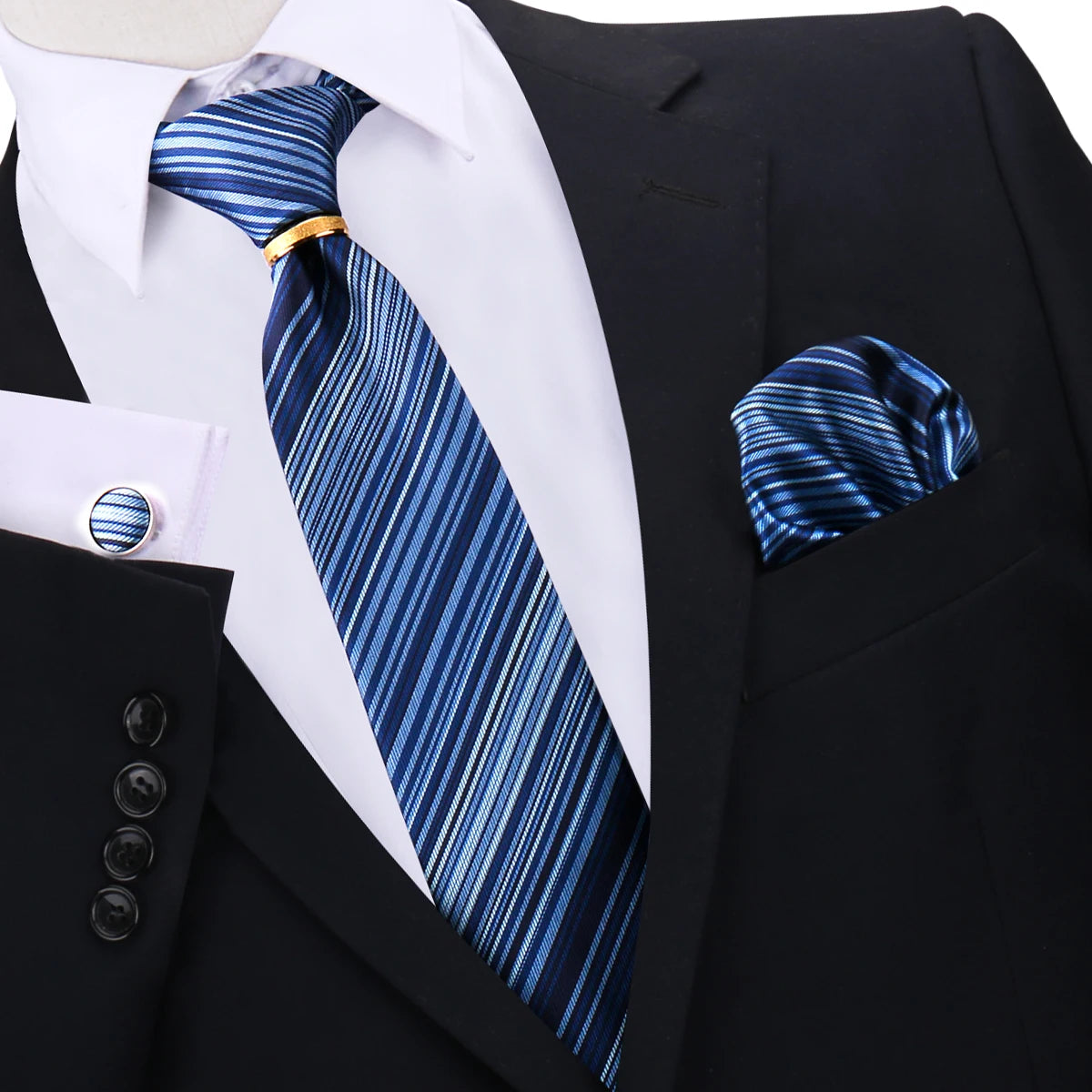 Herren Krawattenset Gold Ring, Manschettenknöpfe, Einstecktuch Festlich