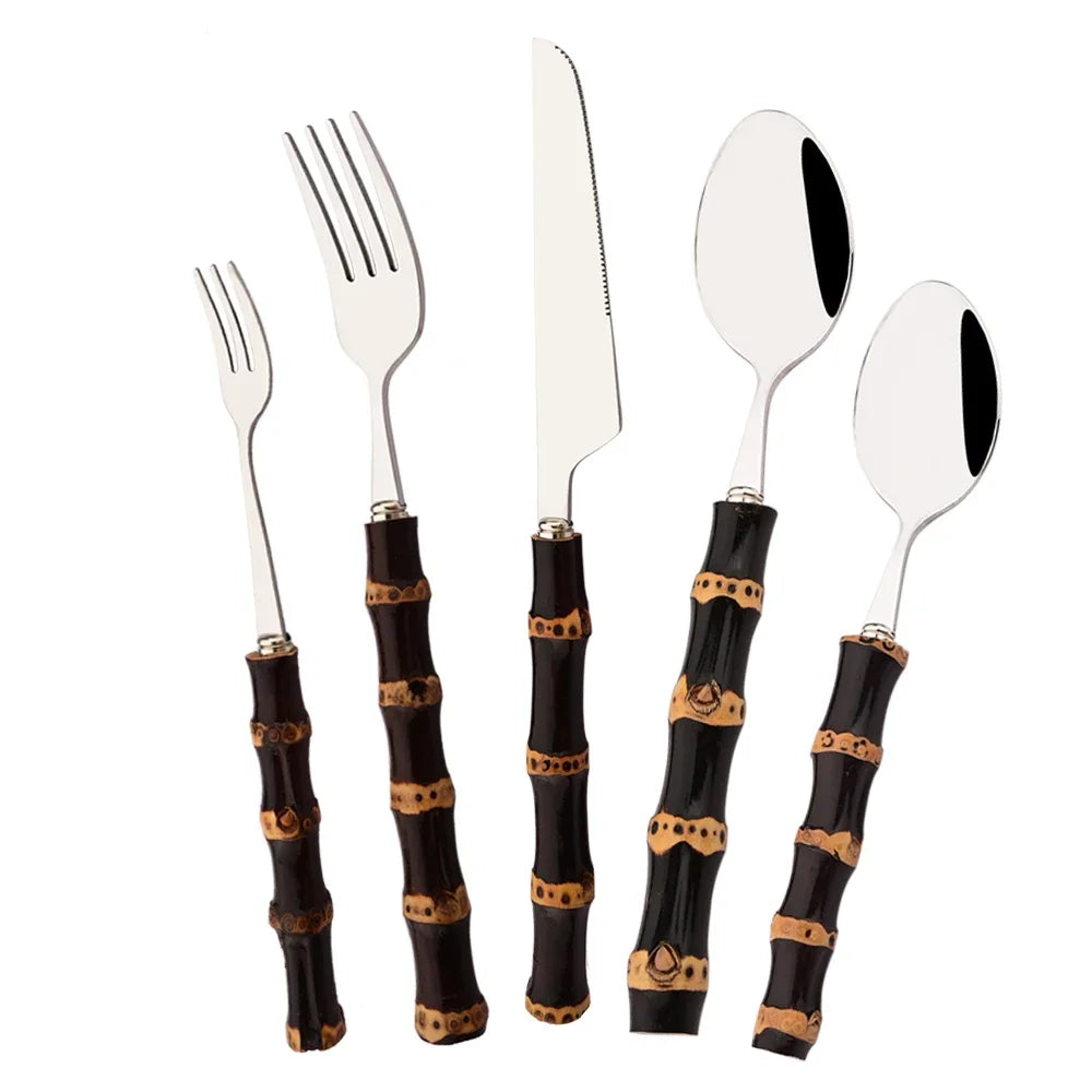 Modernes 4/5-teiliges Besteckset mit schwarzem Bambusgriff und Edelstahl-Design