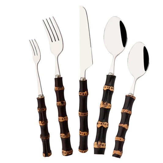 Modernes 4/5-teiliges Besteckset mit schwarzem Bambusgriff und Edelstahl-Design