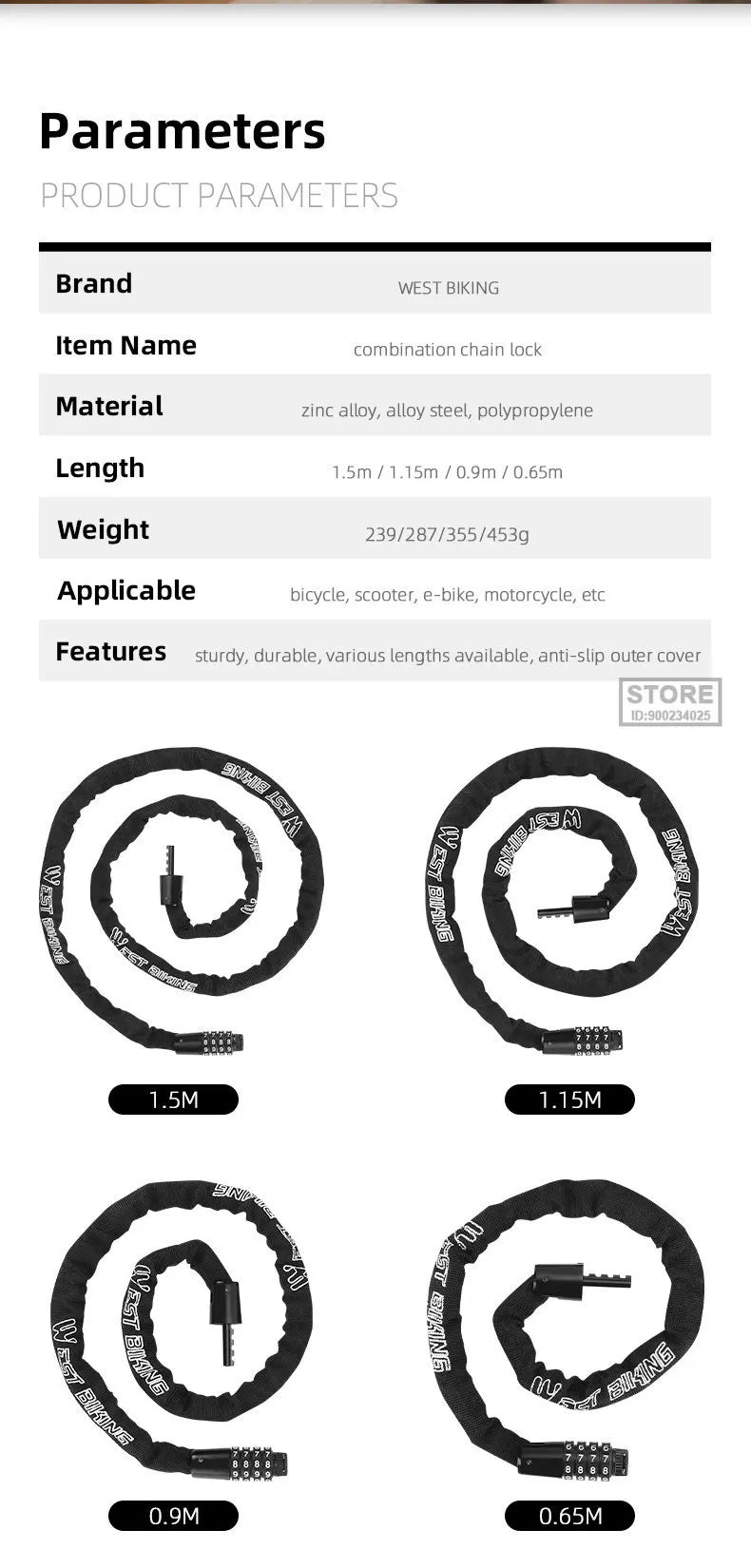 Langlebiges Fahrrad Kettenschloss mit 4 Stelligem Zahlencode