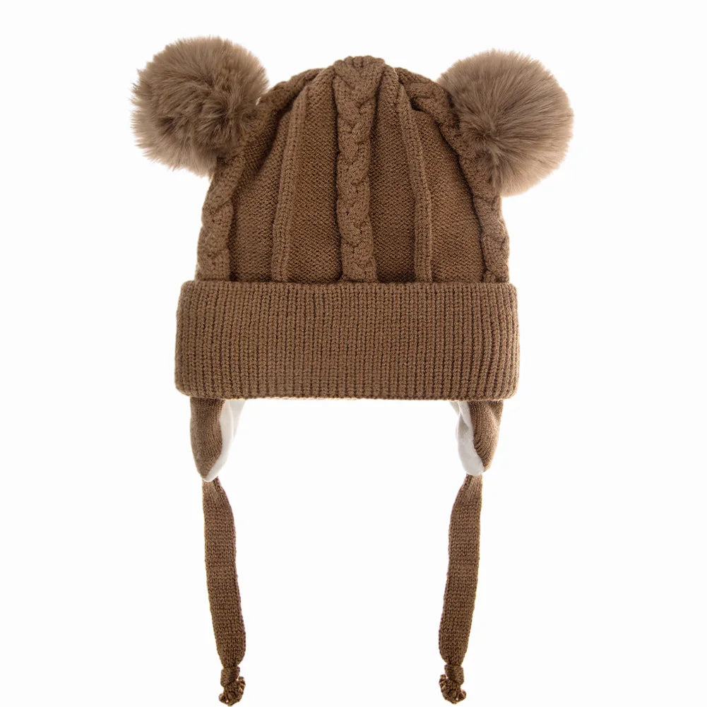 Warme Baby Strickmütze mit Bär Motiv und Baumwollfutter für 1-3 Jahre