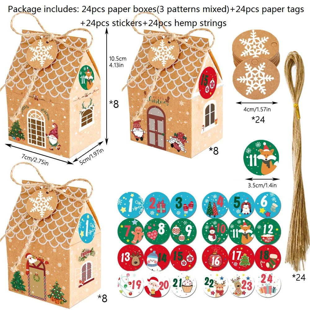 24 Geschenkboxen aus Kraftpapier mit Etiketten für Weihnachten