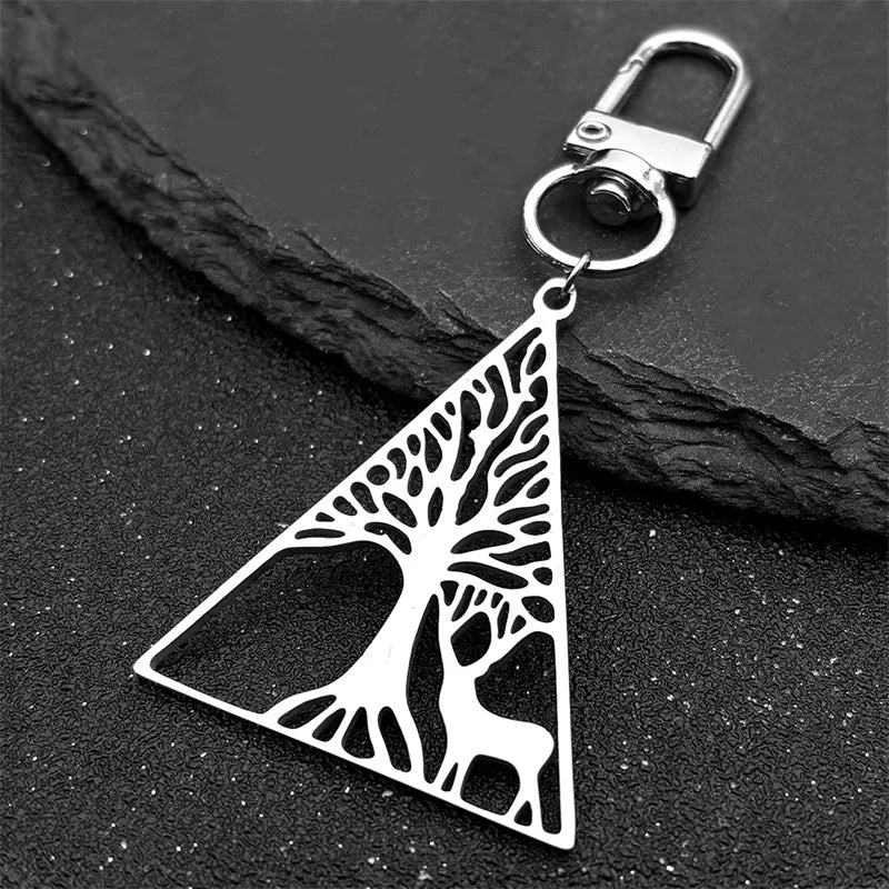 Dreieck Baum des Lebens Milu Hirsch Schlüsselanhänger Edelstahl Unisex
