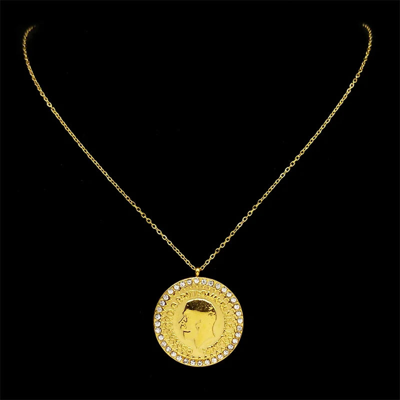 Edelstahl Halskette mit Münzanhänger Rund Goldfarbe Unisex 70cm