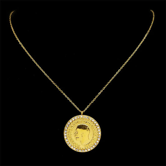 Edelstahl Halskette mit Münzanhänger Rund Goldfarbe Unisex 70cm