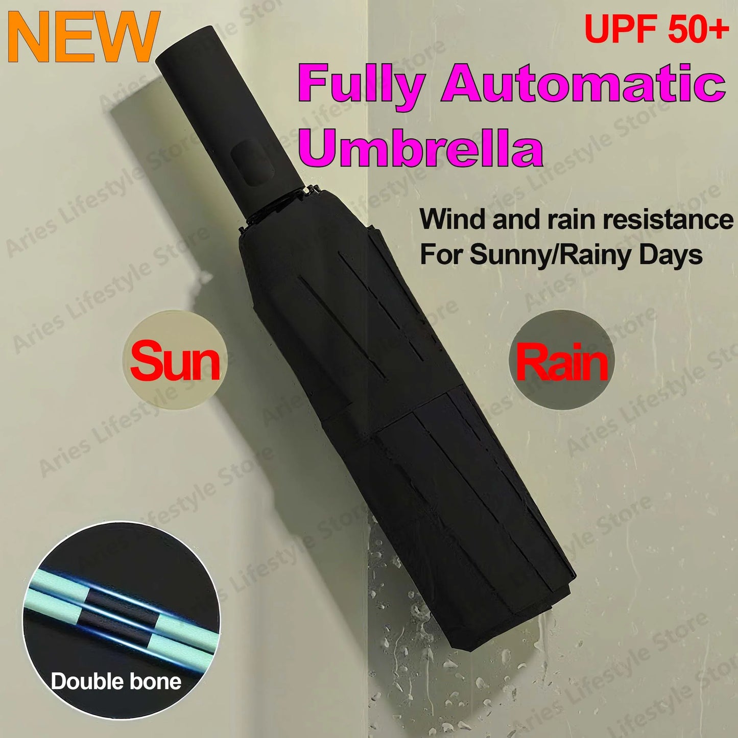 Vollautomatischer Faltschirm 24 Knochen LSF 50 UV-Schutz Wind- & Regenfest