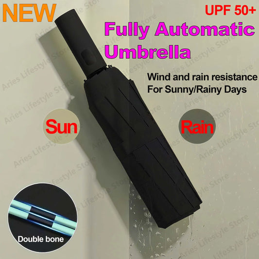 Vollautomatischer Faltschirm 24 Knochen LSF 50 UV-Schutz Wind- & Regenfest