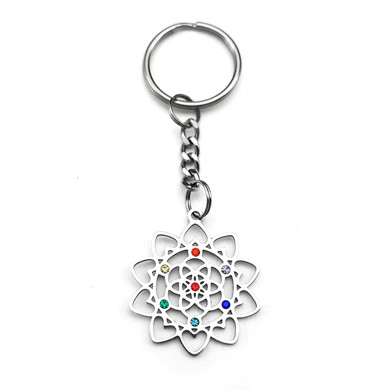Edelstahl Schlüsselanhänger 7-Chakra Herz Blume des Lebens Schmuck
