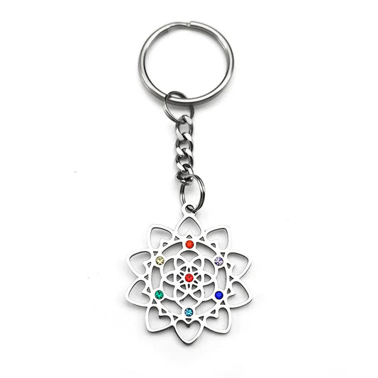 Edelstahl Schlüsselanhänger 7-Chakra Herz Blume des Lebens Schmuck