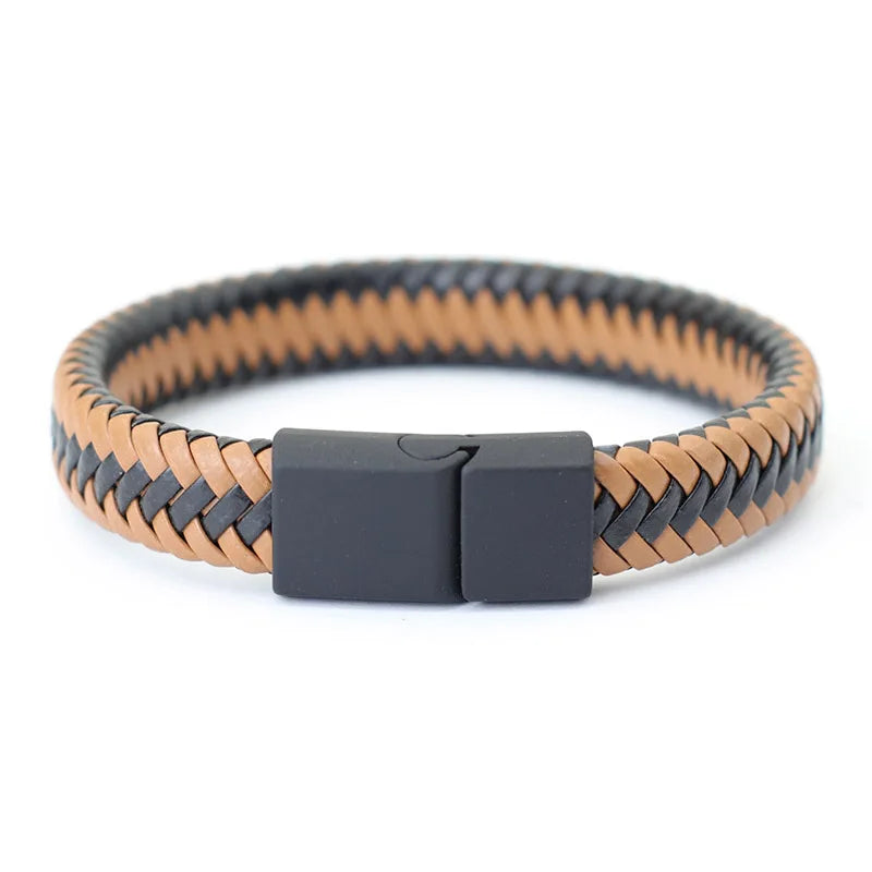 Männer Leder Armband Schwarz Geflochten Punk Steckverschluss 20,5cm