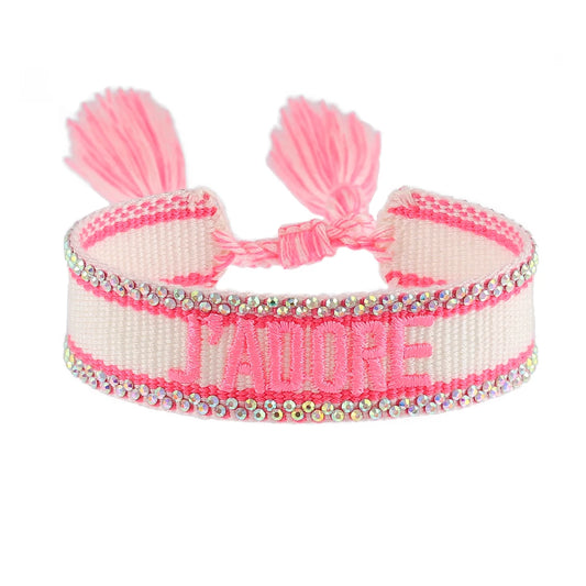 Freundschaftsarmbänder mit Schriftzug und Bling Steinen aus Baumwolle