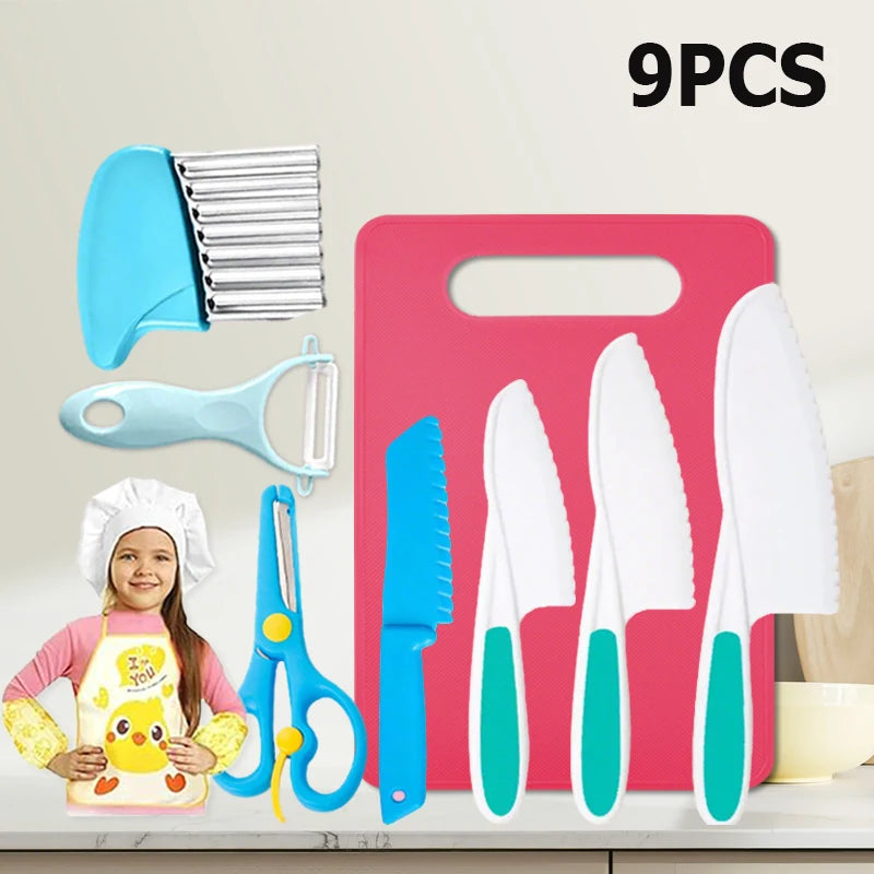 9-teiliges kindersicheres Kochschneider Messer Set mit Schälern und Schneidebrettern
