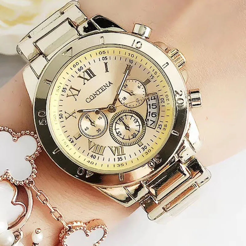 Luxuriöse Damenuhr mit Edelstahlarmband und Quarzuhrwerk, elegant