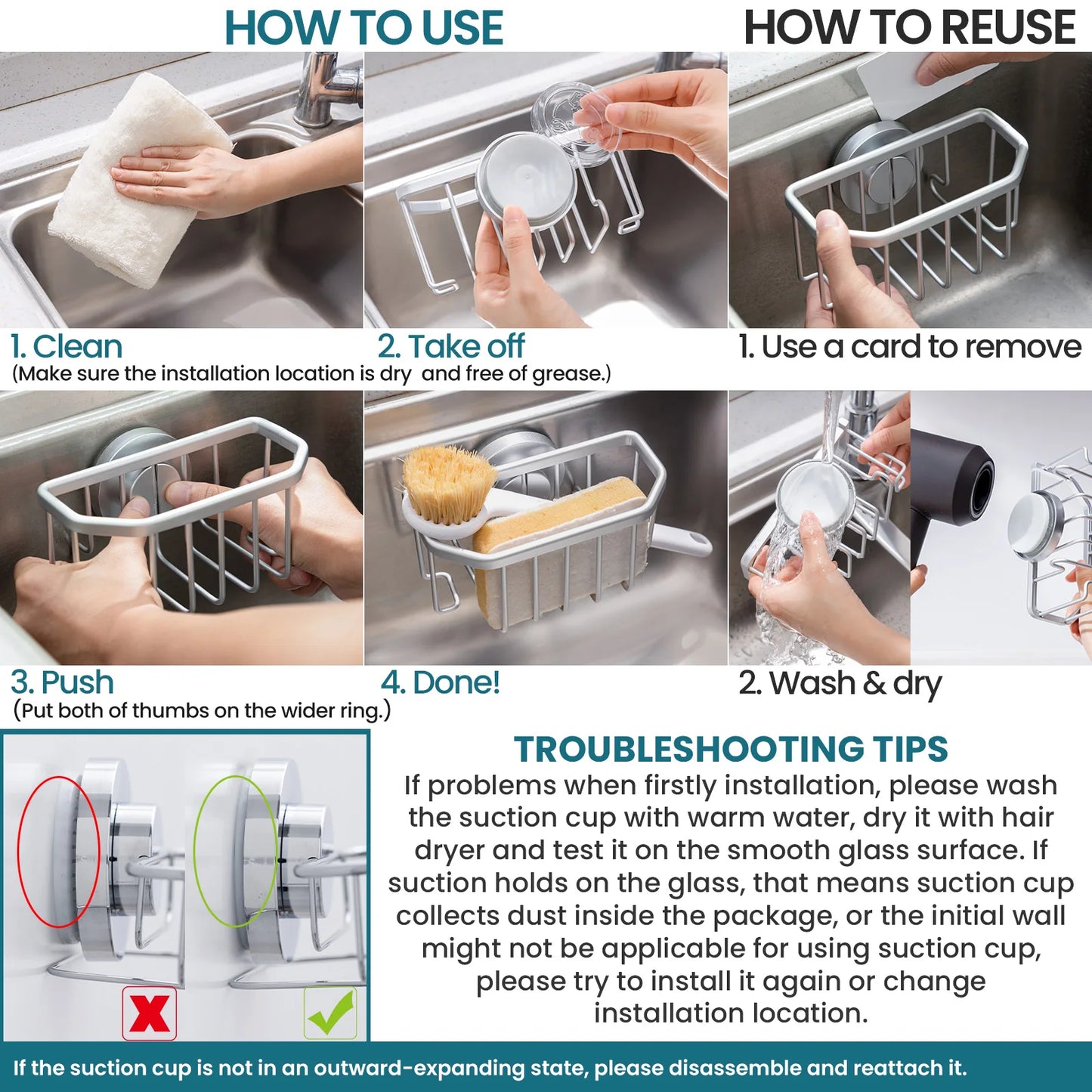 Schwammhalter für Küchenspüle mit Saugnapf rostfrei Aluminium Caddy