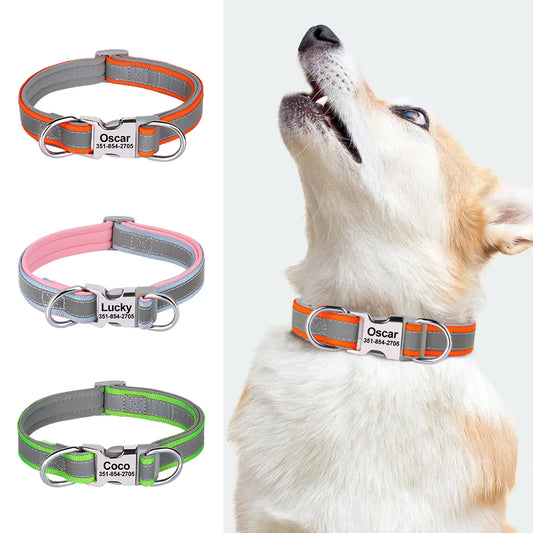 Reflektierendes Hundehalsband mit graviertem ID-Tag, verstellbar für alle Größen