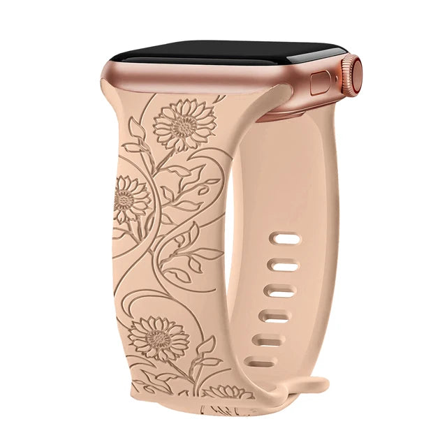 Blumengraviertes Silikonarmband für Apple Watch 38–49 mm – stilvoll - flexibel