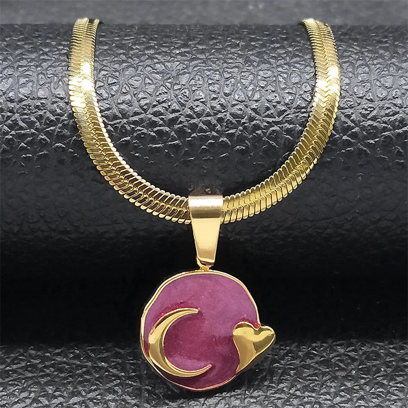 Mond Herz Emaille Lava Anhänger Halskette für Frauen Gold Edelstahl