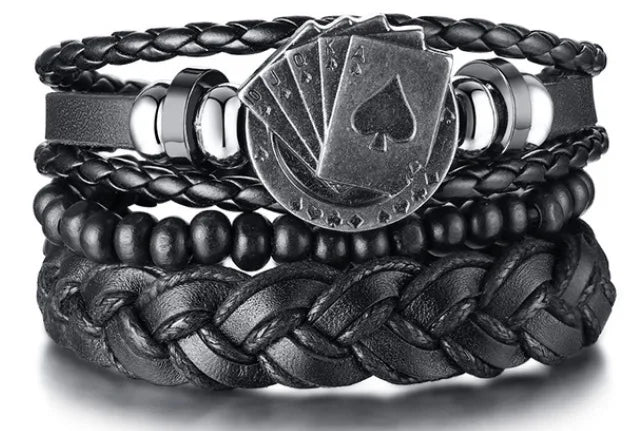 4-teiliges Herren-Lederarmband-Set mit Vintage Lebensbaum - Holzperlen