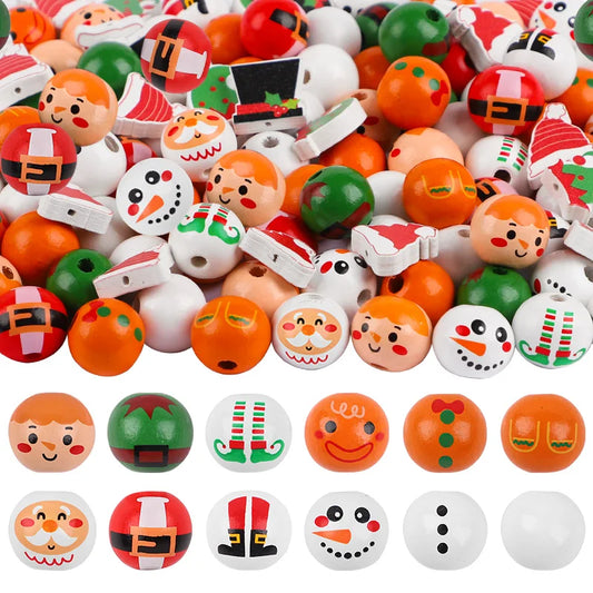 48/80 Stück Weihnachts-Holzperlen-Set mit Santa, Lebkuchenmann und mehr