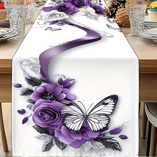 Langer lila Tischläufer mit Rose und Schmetterlingsmotiv für elegante Dekoration