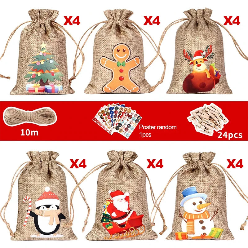 24 Stück Weihnachts-Adventskalender Geschenk Taschen mit DIY Dekor
