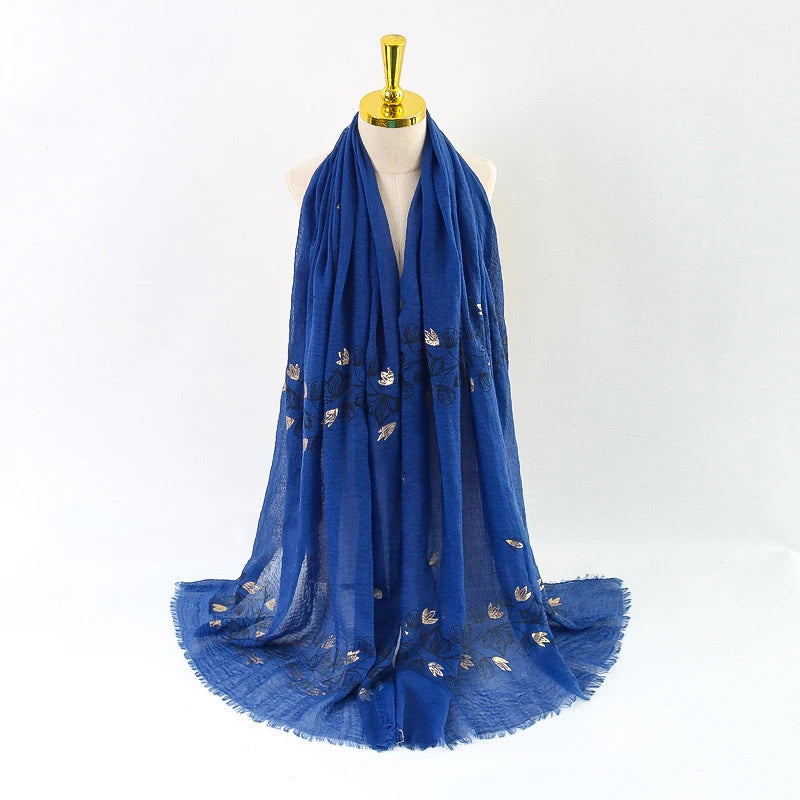 Damen Baumwoll-Leinen Schal Gold Bedruckt Quadratisch Kleine Blumenmuster