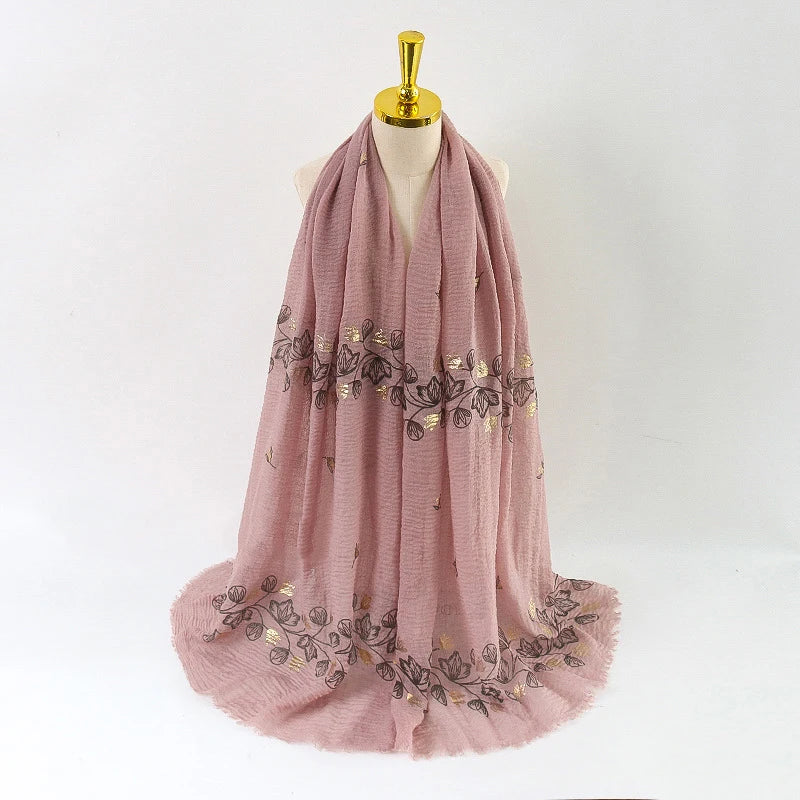 Damen Baumwoll-Leinen Schal Gold Bedruckt Quadratisch Kleine Blumenmuster