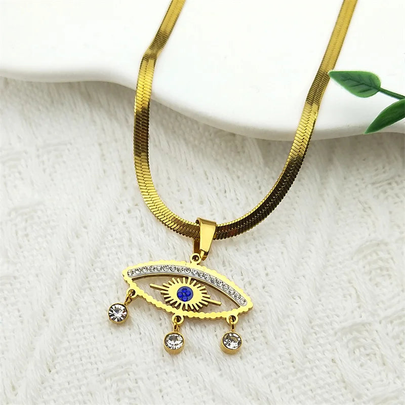 Edelstahl Halskette mit Evil Eye Anhänger und Quaste Goldfarbe
