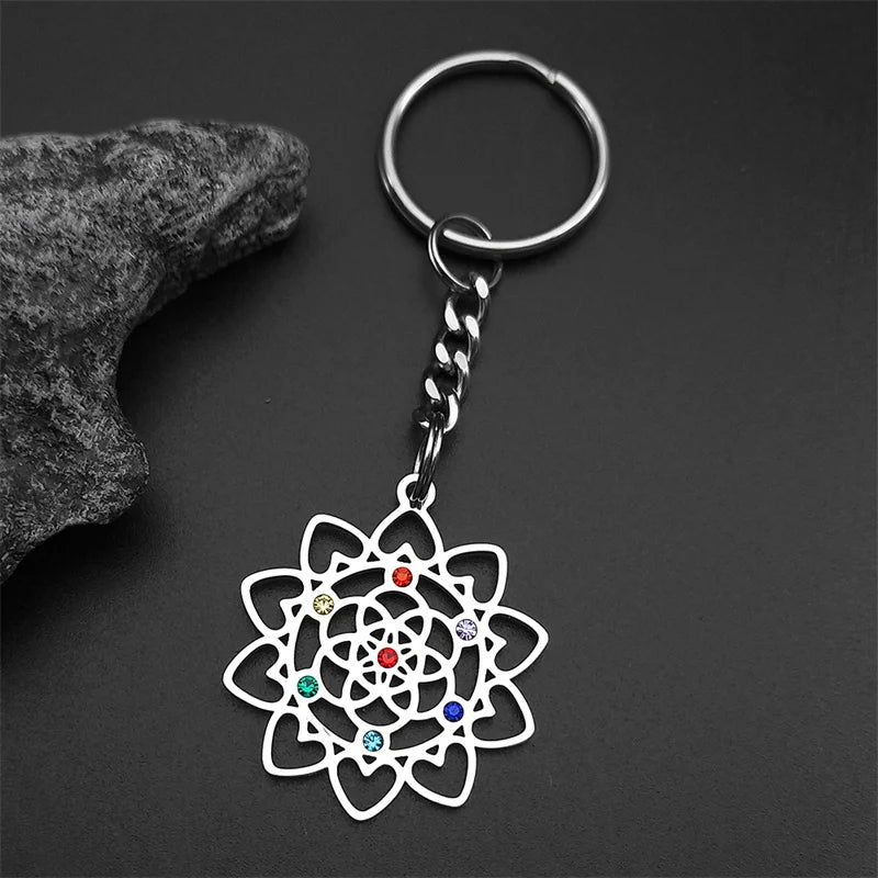 Edelstahl Schlüsselanhänger 7-Chakra Herz Blume des Lebens Schmuck