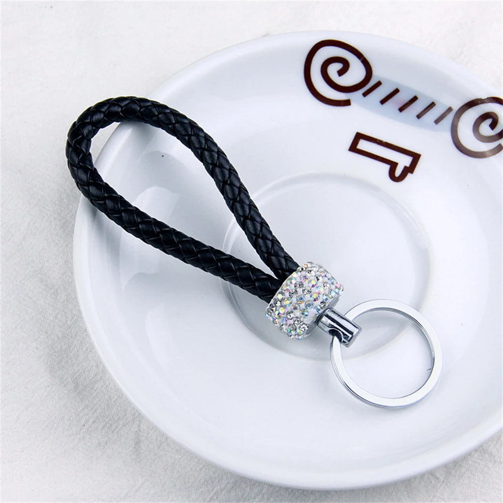 Stilvoller PU-Leder Schlüsselbund mit Glitter - Strass, geflochtenes Seil, Unisex