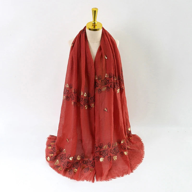 Damen Baumwoll-Leinen Schal Gold Bedruckt Quadratisch Kleine Blumenmuster