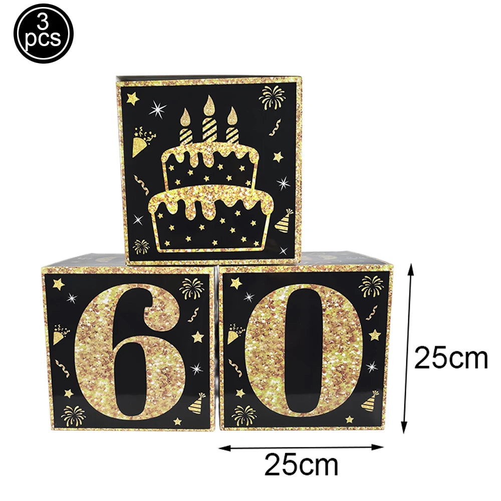 Elegante Schwarz Gold Papierbox mit Zahlen für Geburtstagsfeiern