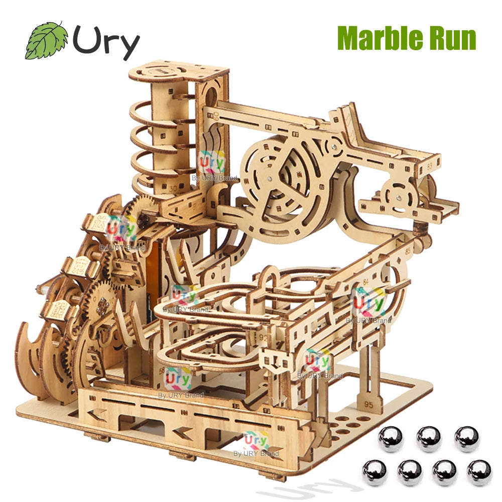3D Holzpuzzle mit Marmor Laufset und mechanischem Katapult