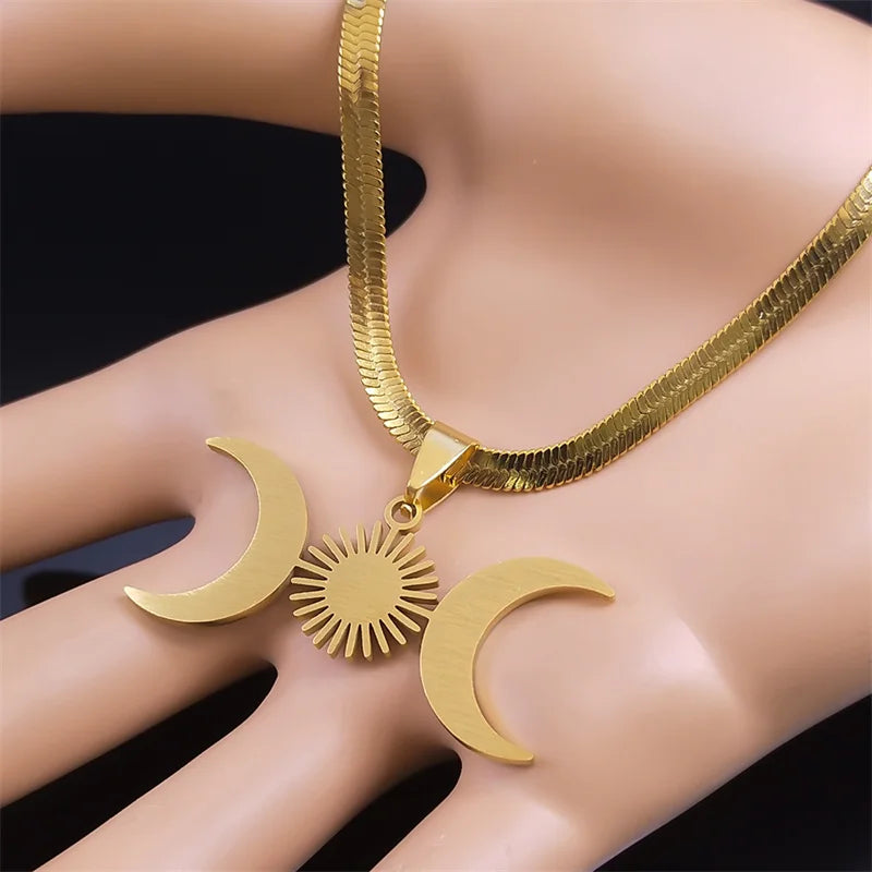 Unisex Edelstahl Halskette Dreifache Mondgöttin Gold Farbe Verstellbar