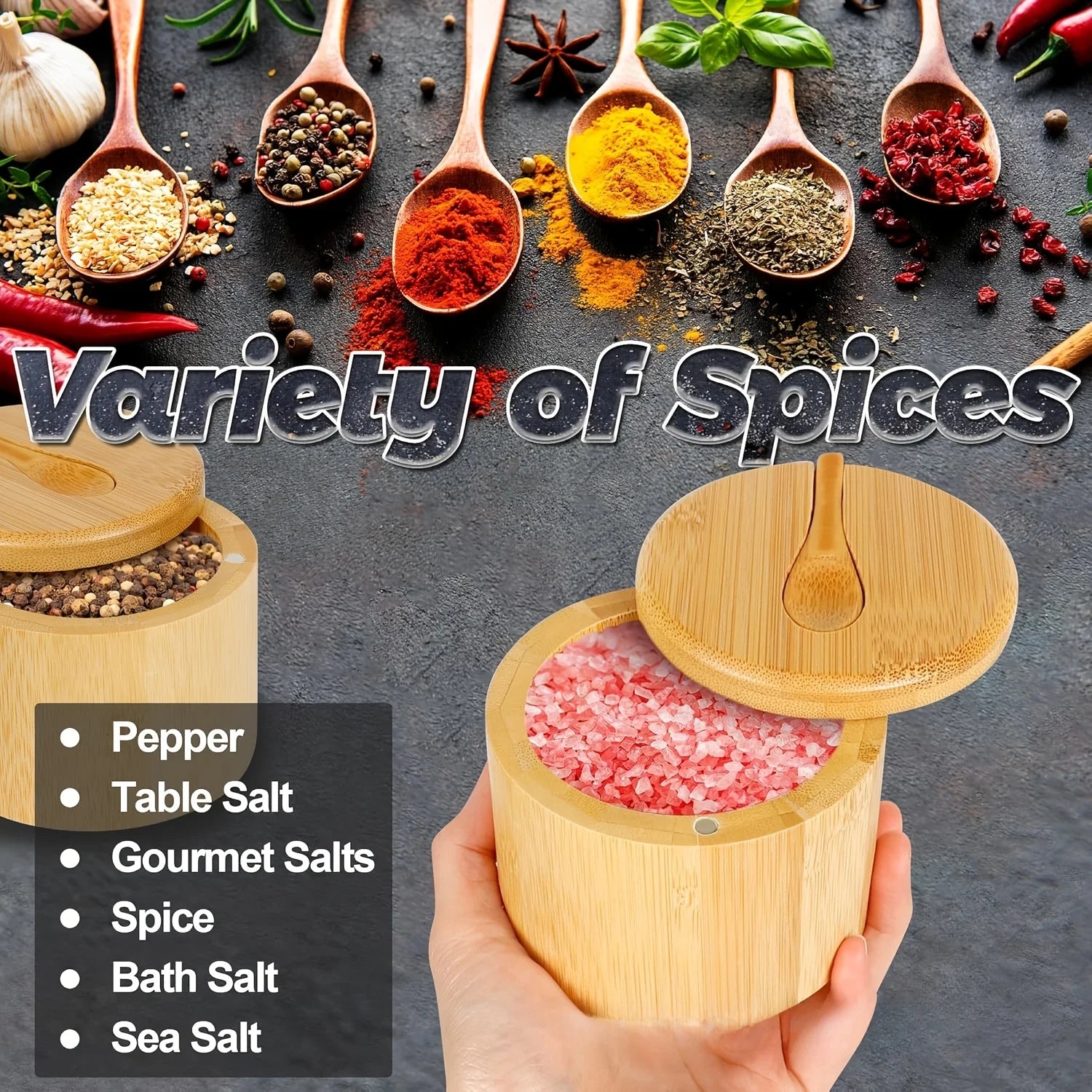 Salz und Pfefferstreuer Set aus Bambus mit drehbarem Löffelverschluss